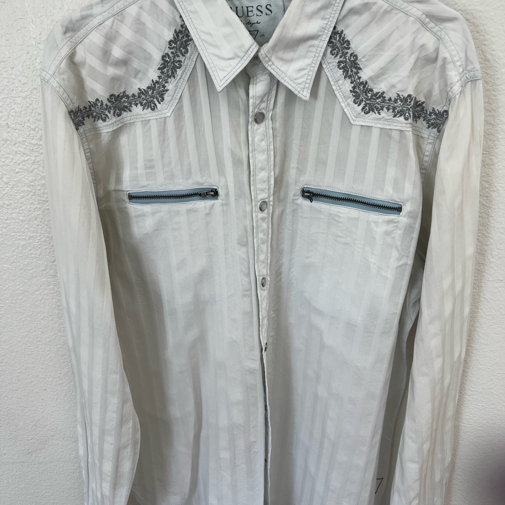 Rare Vintage Guess white stripped, embroidered button down collared shirt.